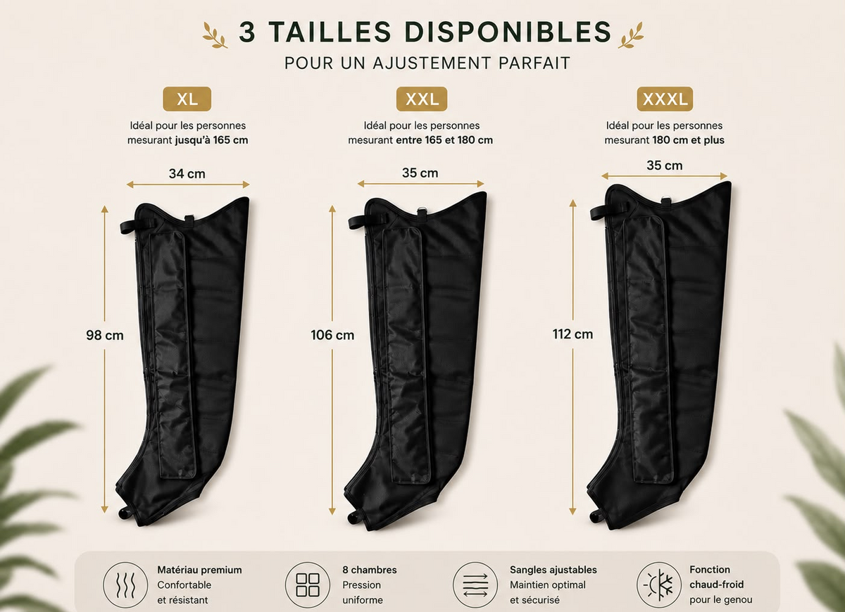 Les trois tailles de bottes SOWELLBE Flow côte à côte avec leurs dimensions : XL 98 sur 34 cm, XXL 106 sur 35 cm, XXXL 112 sur 35 cm