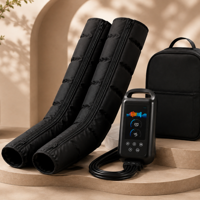 Bottes de pressothérapie SOWELLBE Flow avec leur console de contrôle et leur sac de transport, sur fond beige
