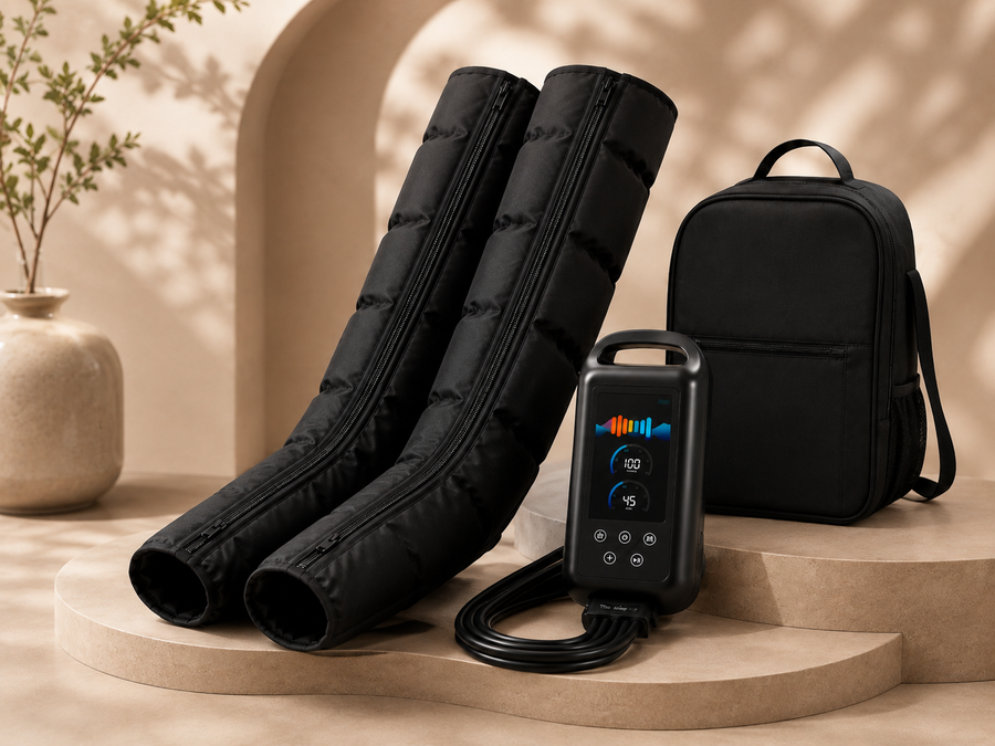 Bottes de pressothérapie SOWELLBE Flow avec leur console de contrôle et leur sac de transport, sur fond beige
