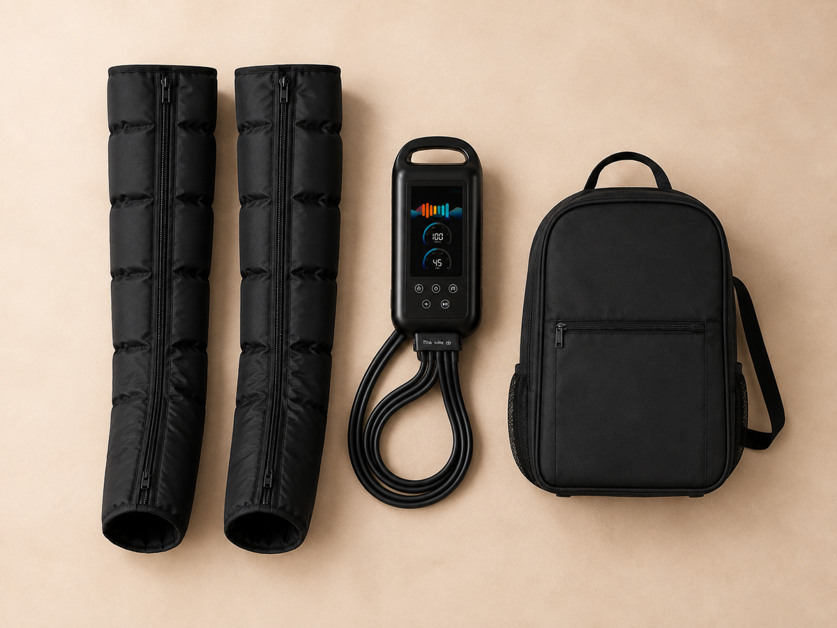 Contenu du coffret SOWELLBE Flow à plat : les deux bottes, la console et le sac de transport