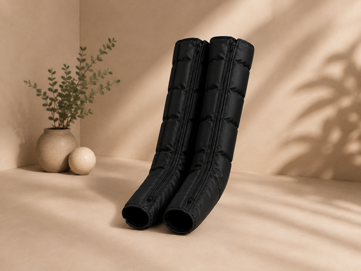Les deux bottes de pressothérapie SOWELLBE Flow debout, vue de trois quarts