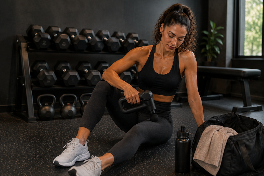 Une femme assise au sol dans une salle de sport utilise le pistolet de massage SOWELLBE Pulse après sa séance