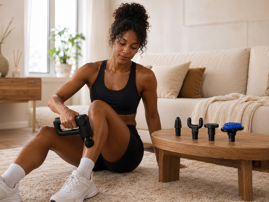 Une femme utilise le SOWELLBE Pulse sur sa cuisse, assise au sol dans son salon