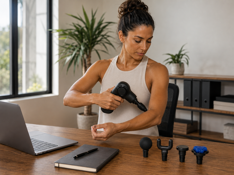Une femme utilise le SOWELLBE Pulse sur son avant-bras à son bureau, devant son ordinateur portable