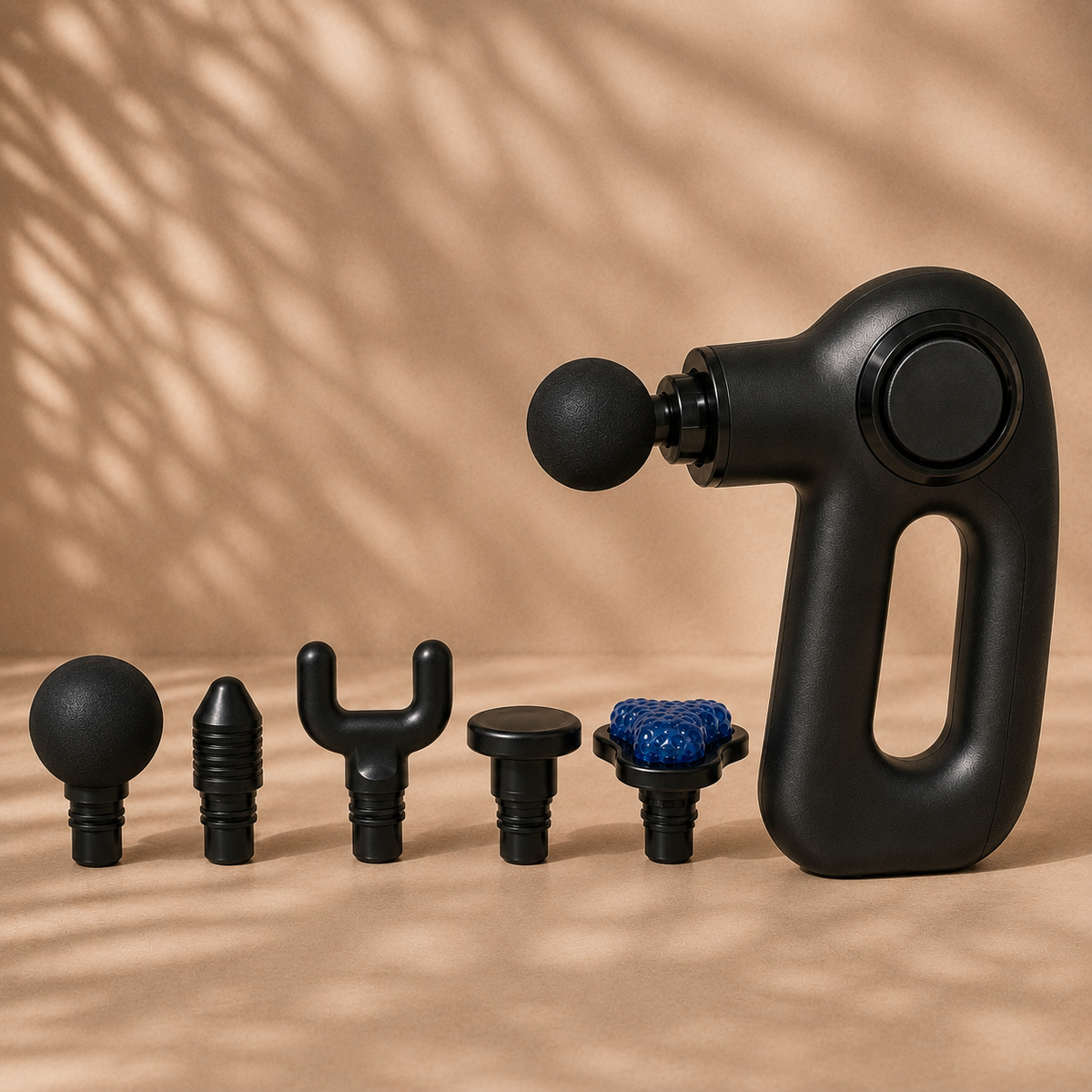 Pistolet de massage SOWELLBE Pulse accompagné de ses cinq embouts interchangeables